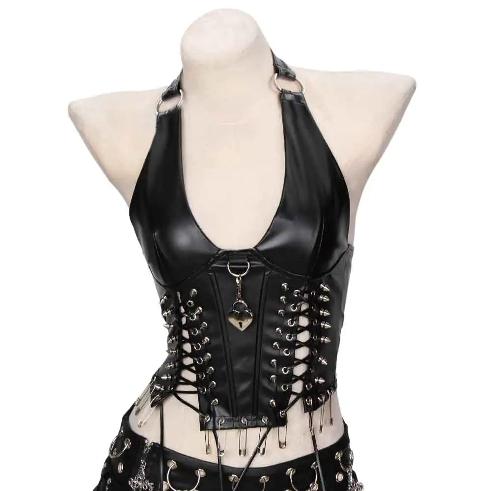Women's Studded Crop Top with Decorative Spikes and Lace-Up Side Detailing