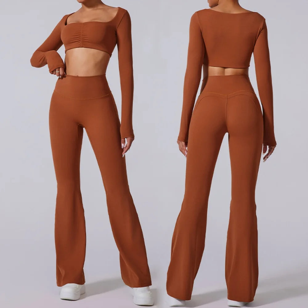 Women's Long-Sleeve Crop Top and Flared Pants Workout Set