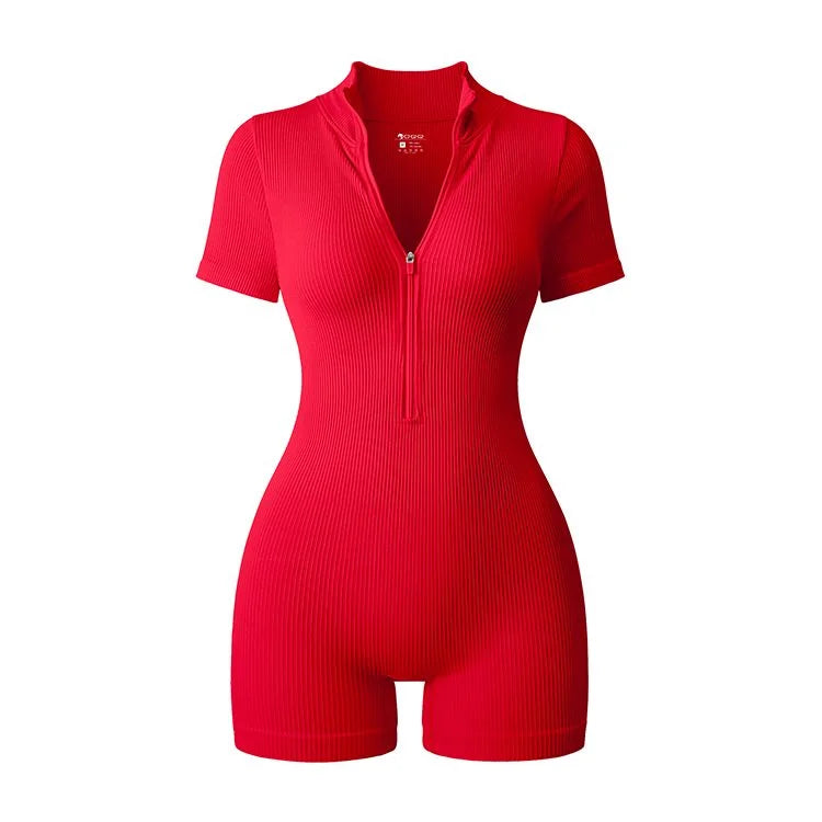 Women's Short Sleeve Nylon Blend Romper with Collar and Front Zip