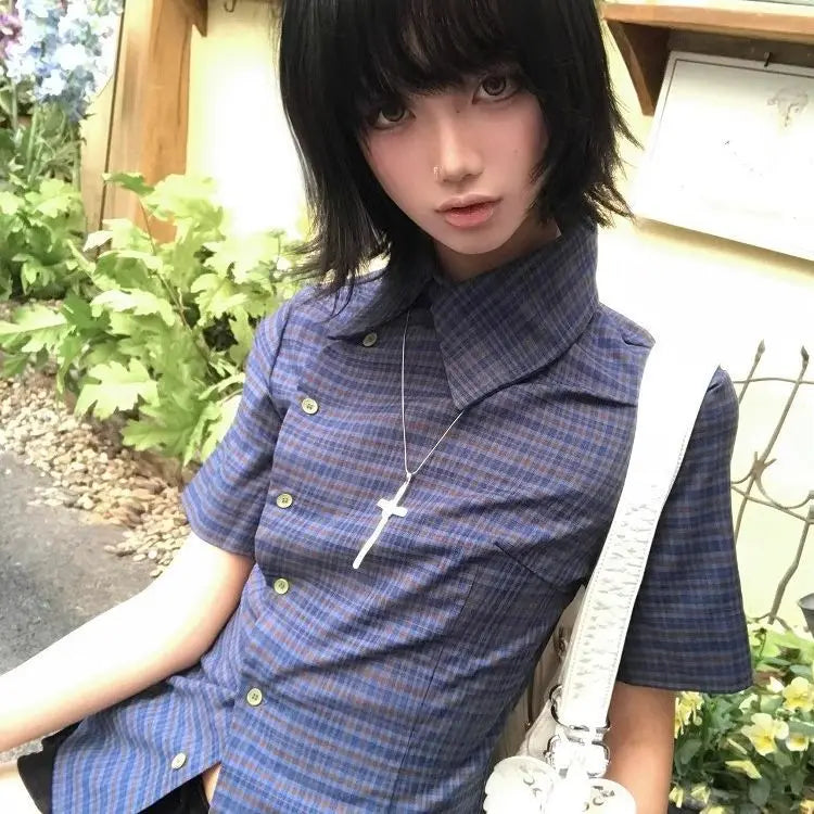 Women's Checked Asymmetric Collared Shirt