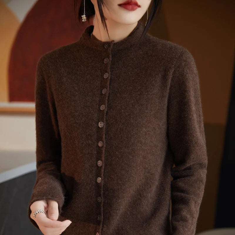 Women's Wool Solid Long-Sleeve Button-Front Knit Cardigan for Autumn Winter Layered Outfits