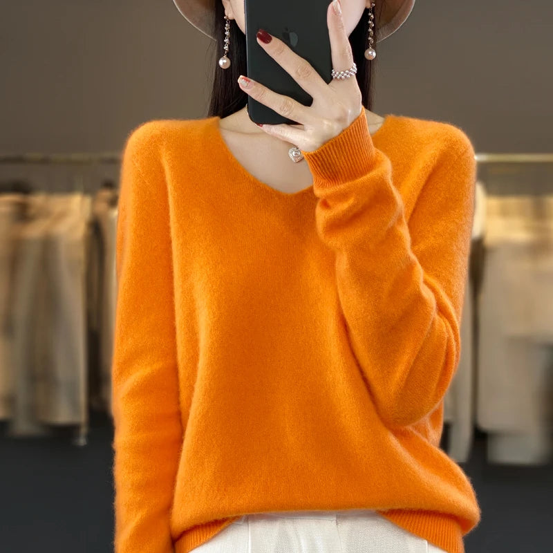 Women's V Neck Long Sleeve Sweater Casual Knit Layer