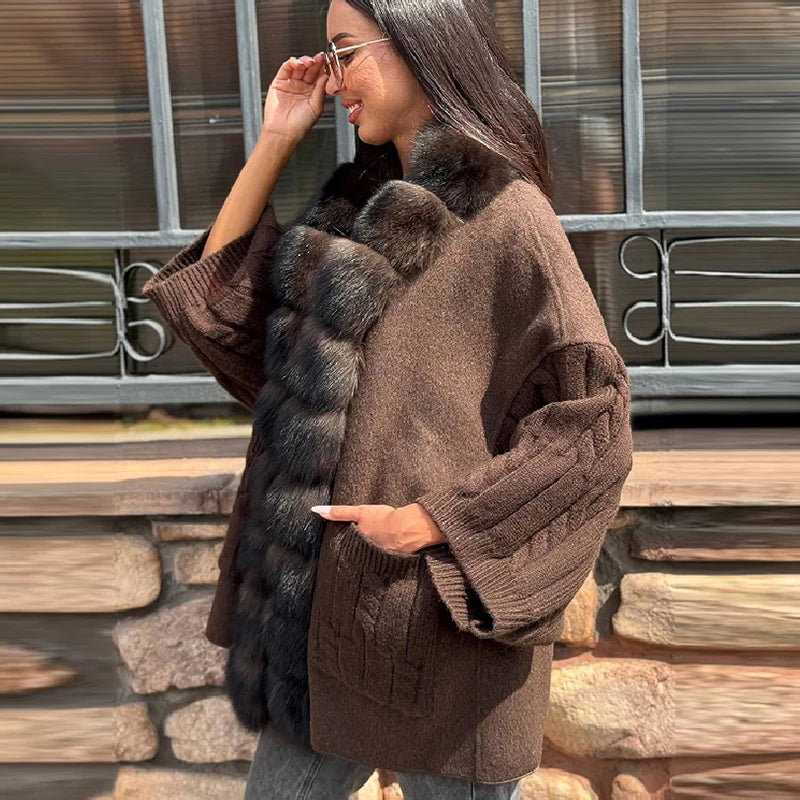 Cable Knit Plush Collar Poncho for Layering over Outfits