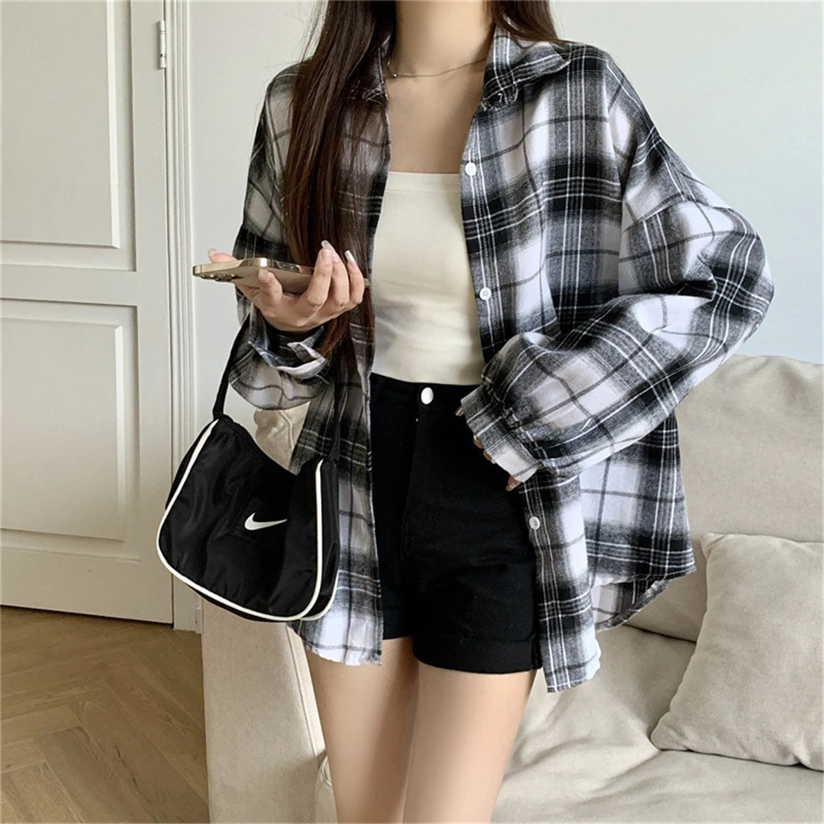 Women's Checked Collared Long Sleeve Shirt