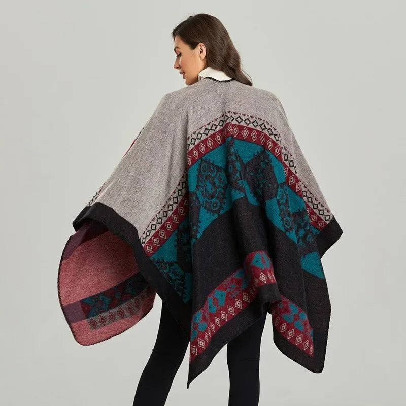 Patterned Fringed Open Front Poncho for Layering over Outfits