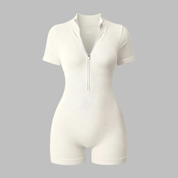 Women's Short Sleeve Nylon Blend Romper with Collar and Front Zip