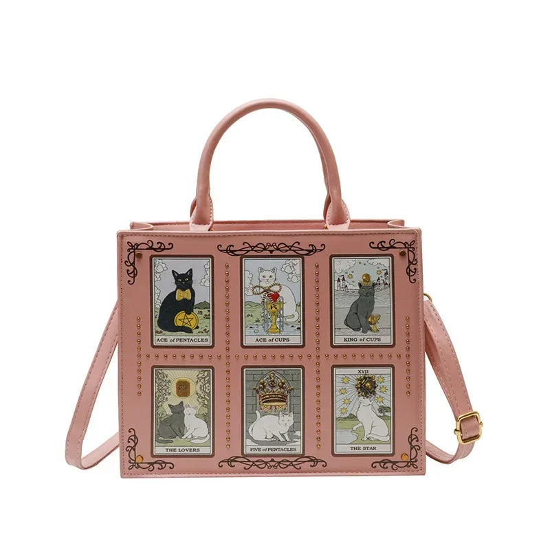 Women's Tarot Cat Print Tote Handbag with Handles and Crossbody Strap