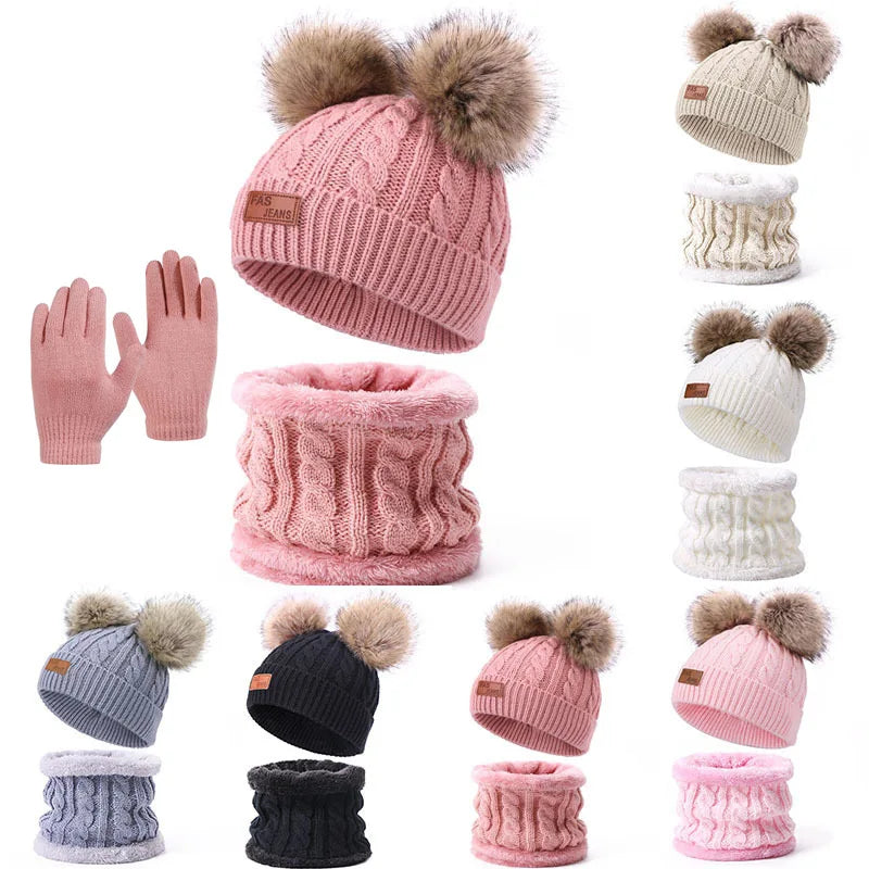 Children's Pom-Pom Knitted Beanie Hat Scarf and Gloves Winter Accessory Set