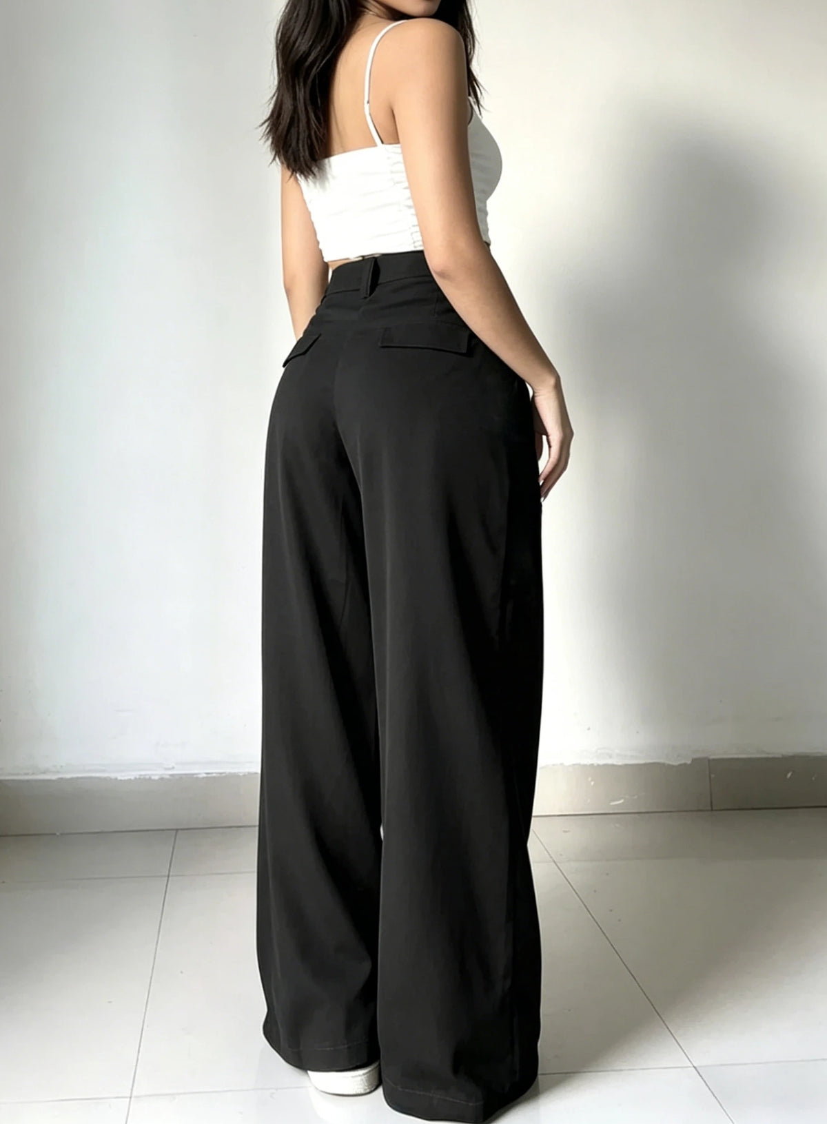 Women's Black Wide Leg Pants with Pleats and Side Waist Ties