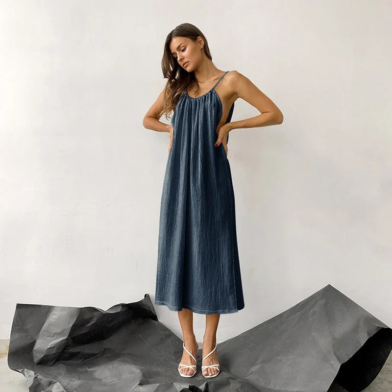 Women's Cotton Sleeveless Loose A-Line Midi Dress with Straps and Tie Detail