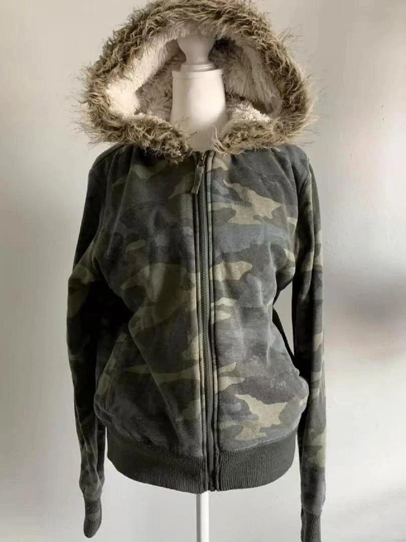 Fluffy Trim Long Sleeve Full Zip Casual Hoodie