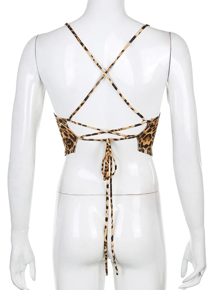 Women's Leopard Print Crop Top with Lace-Up Detailing and Sleeveless Design