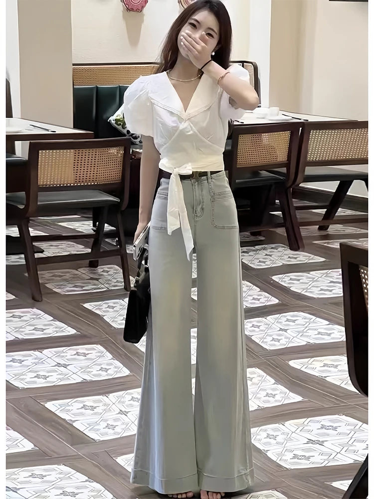 Women's Gray Wide Leg High Waist Denim Jeans