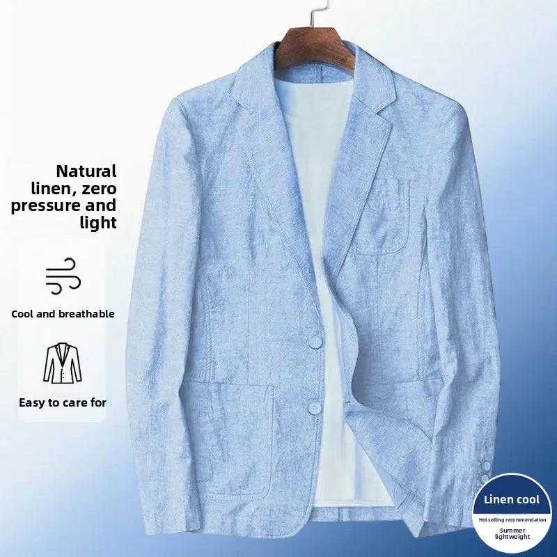Men's Linen Long-Sleeve Notched-Lapel Single-Breasted Blazer for Smart Casual Everyday Layered Outfits