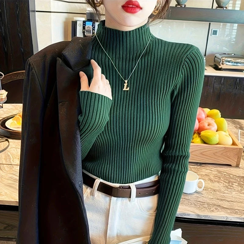 Women's Ribbed Mock Neck Long Sleeve Sweater Casual Knit Layer