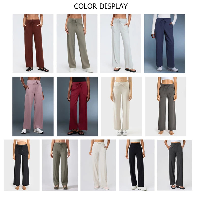 Women's Drawstring Waist Nylon Blend Wide Leg Pants with Length Options