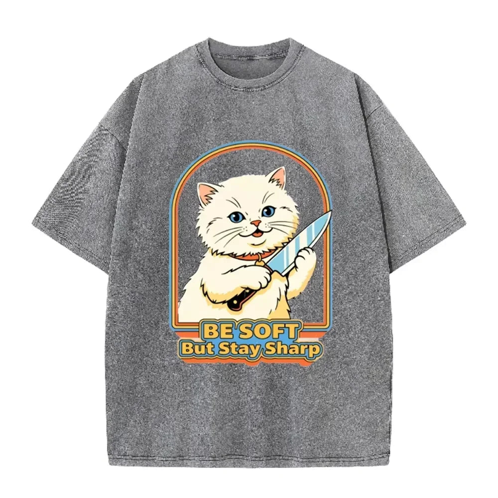 Vintage Washed Purple  Be Soft But Stay Sharp Knife Cat Retro Casual Graphic T Shirt