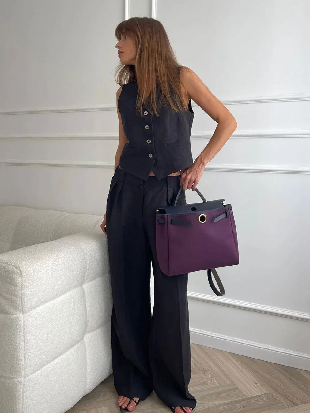 Women's Button Front Vest and Wide Leg Pants Set