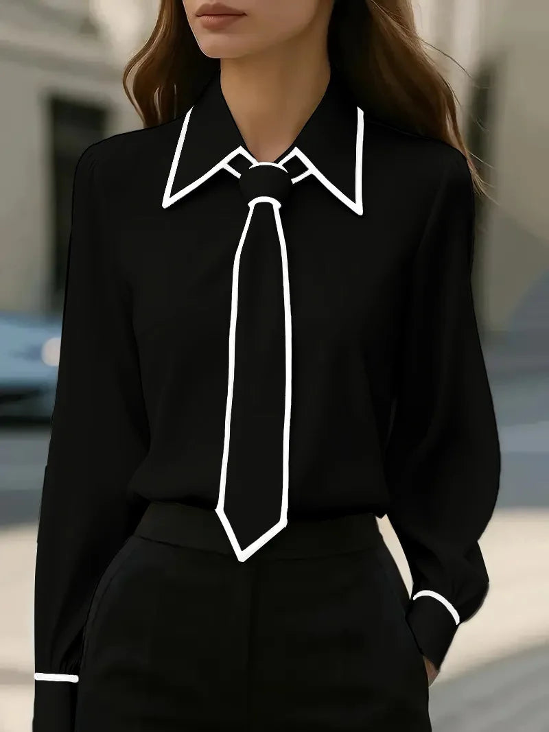 Women's Contrast Trim Tie Neck Long Sleeve Blouse