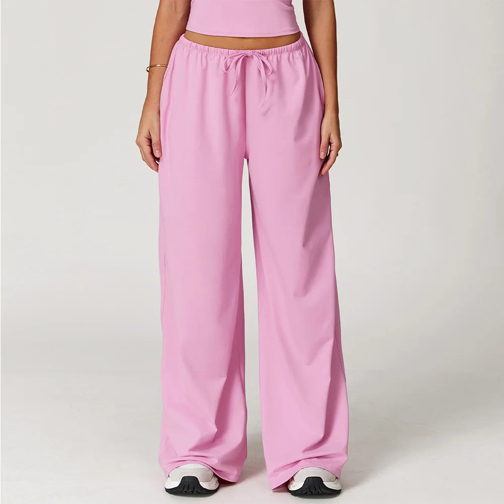 Women's Drawstring Waist Polyester Blend Wide Leg Pants with Side Pockets