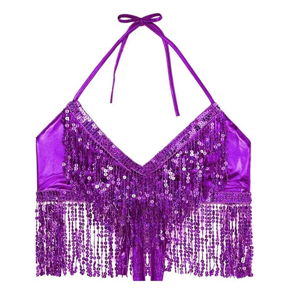 Women's Sequin Fringe Halter Crop Top for Belly Dance Outfits