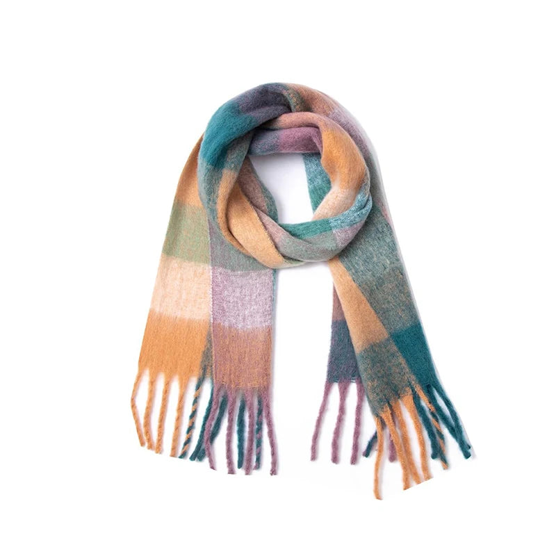 Multicolor Plaid Scarf with Long Shape and Fringed Ends