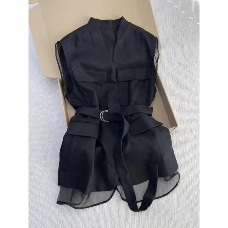 Women's Belted Sleeveless Vest with Sheer Hem Panels