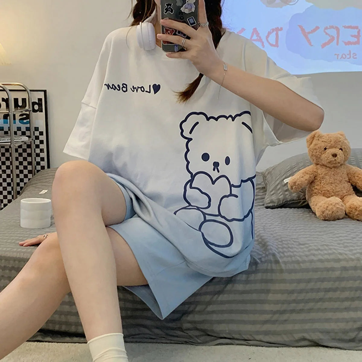 Women's Cartoon Print Short Sleeve Pajama Set with Top and Shorts