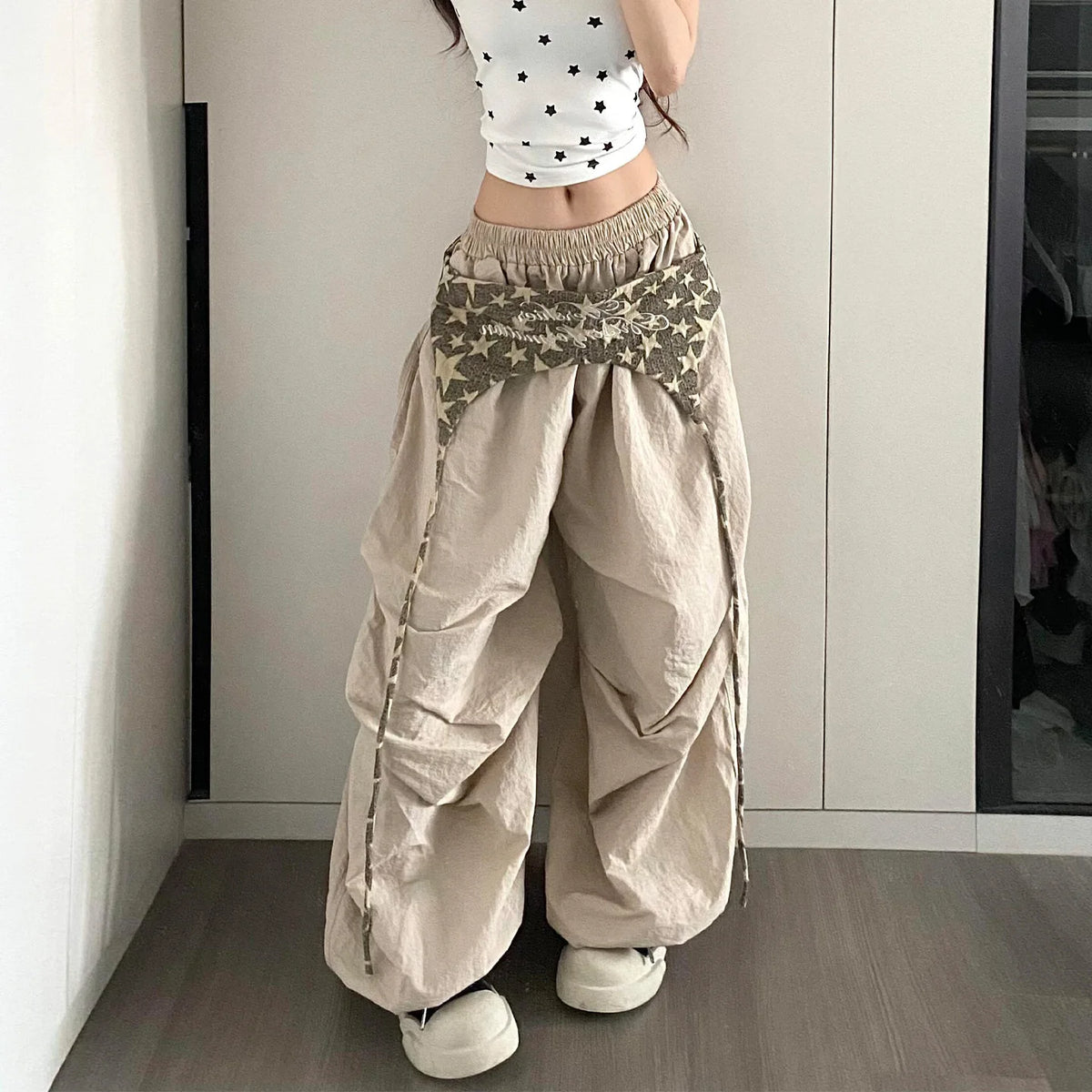 Women's Wide Leg Pants with Layered Waist and Embroidered Details