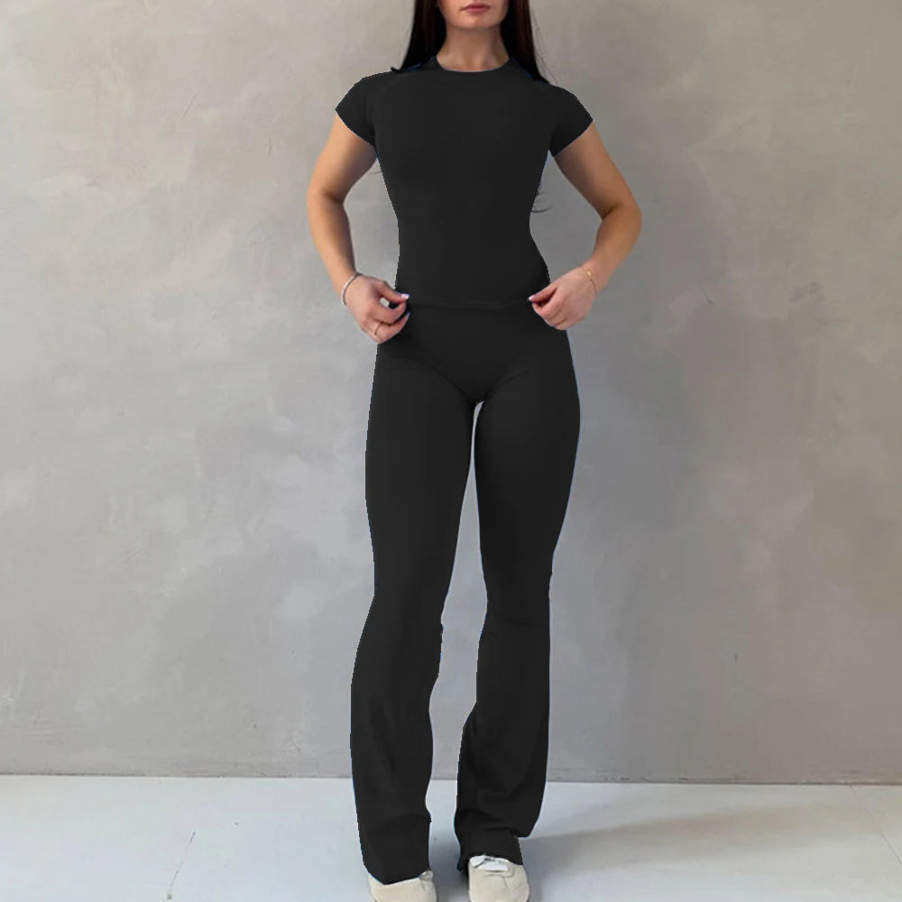 Women's Tee And Flared Bottoms Yoga Set For Workout Outfits
