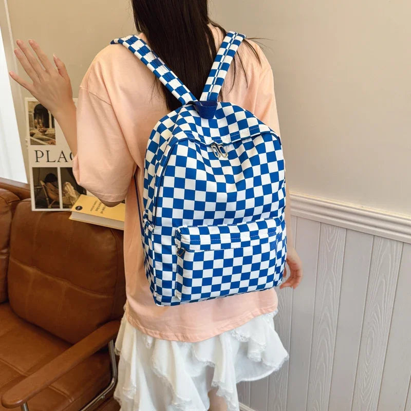 Women's Checkerboard Print Backpack with Front Pocket and Adjustable Shoulder Straps