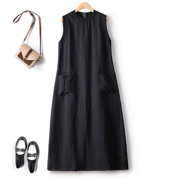 Summer French Tea Break Dresses For Women Large Pockets Mid Length Cotton Linen Long Commuting Vest Dress Female 4XL