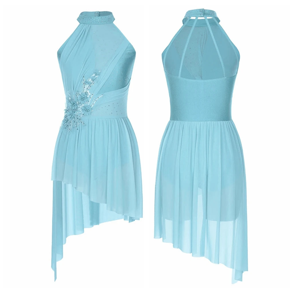 Women's High-Low Dance Dress with Mesh Panels and Skirt Overlay
