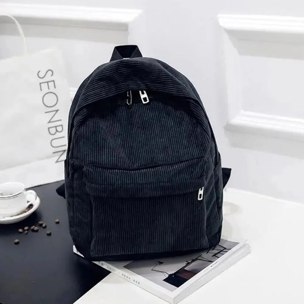 Casual Corduroy Backpack with Front Pocket and Twin Shoulder Carry Straps