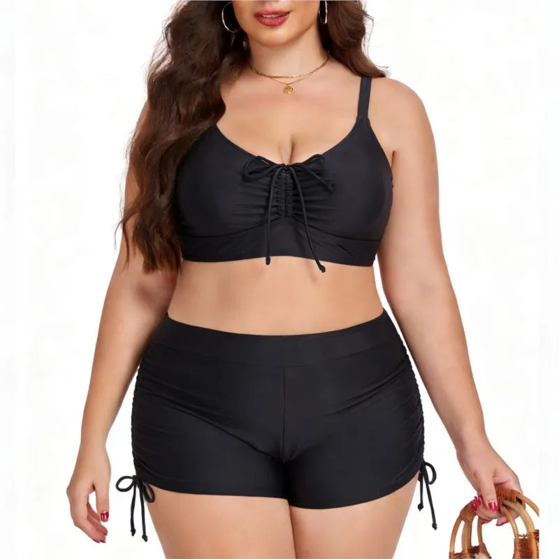Women's Ruched Crop Top and Side Tie Shorts Bikini Set