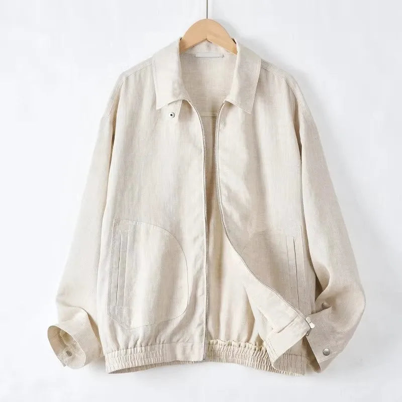 Women's Linen Long-Sleeve Loose Collared Zip-Up Jacket with Pockets for Layered Outfits