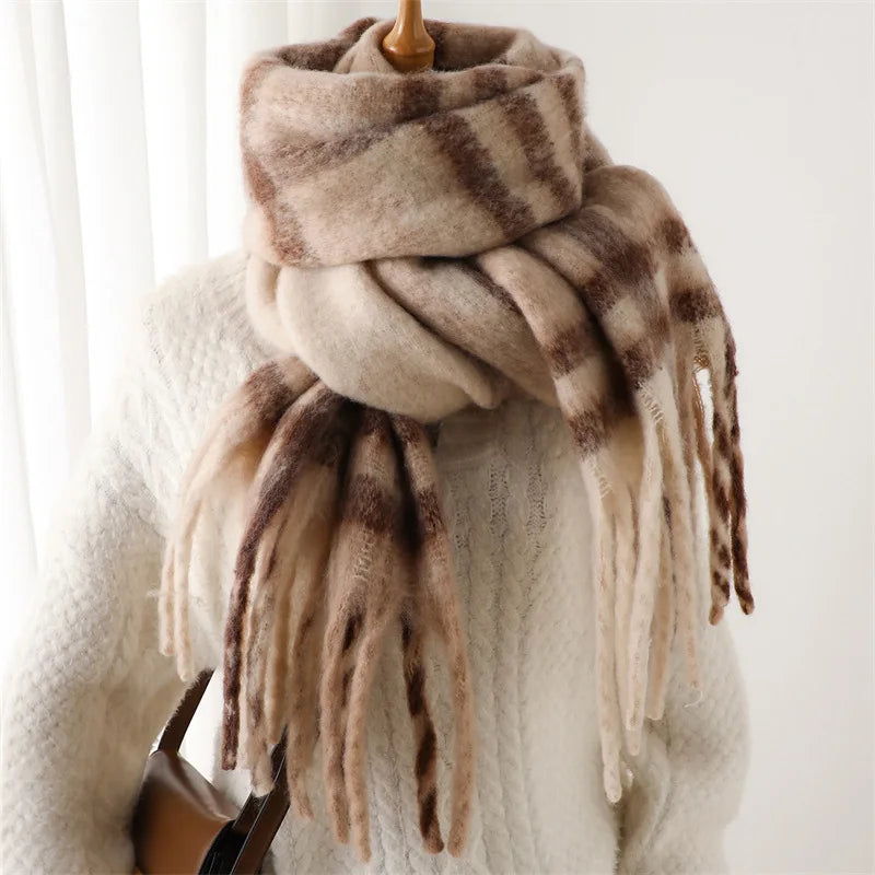 Multicolor Plaid Scarf with Long Shape and Fringed Ends