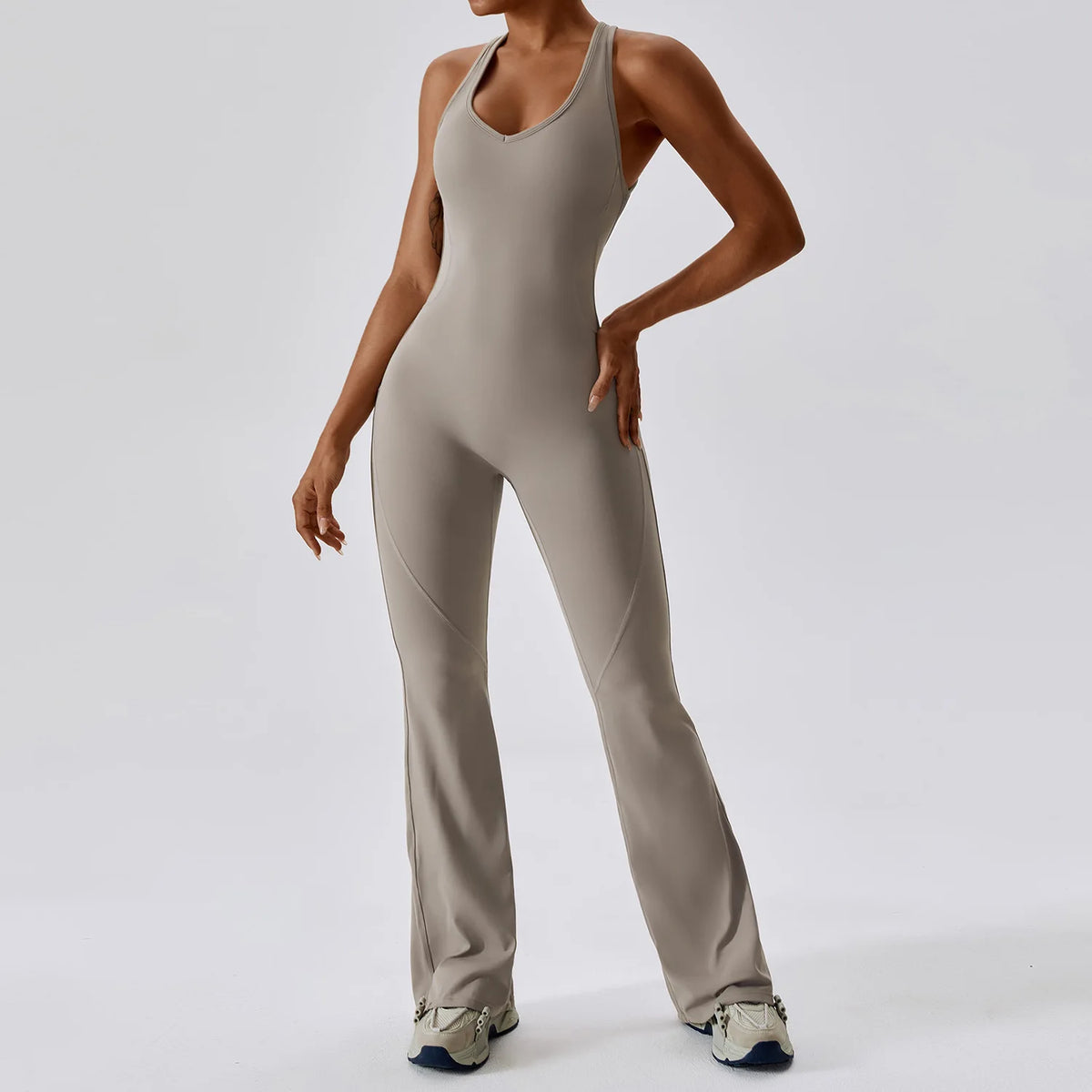 Women's Open Back Nylon Blend Flared Workout Jumpsuit with Tank Top