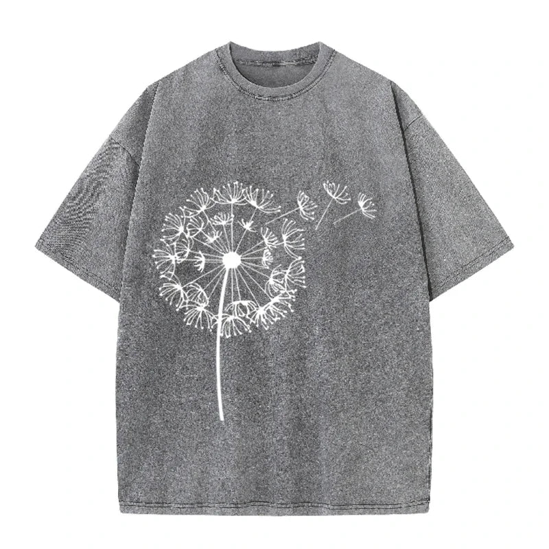 Dandelion Print Vintage Washed Brown T Shirt Casual Minimalist Streetwear Tee