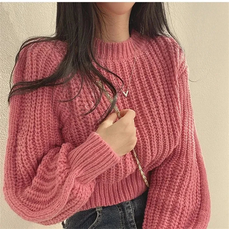 Women's Cropped Chunky Crew Neck Sweater Casual Knit Layer