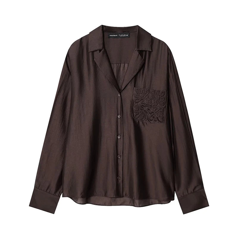 Women's Notched Collar Long Sleeve Pocket Shirt