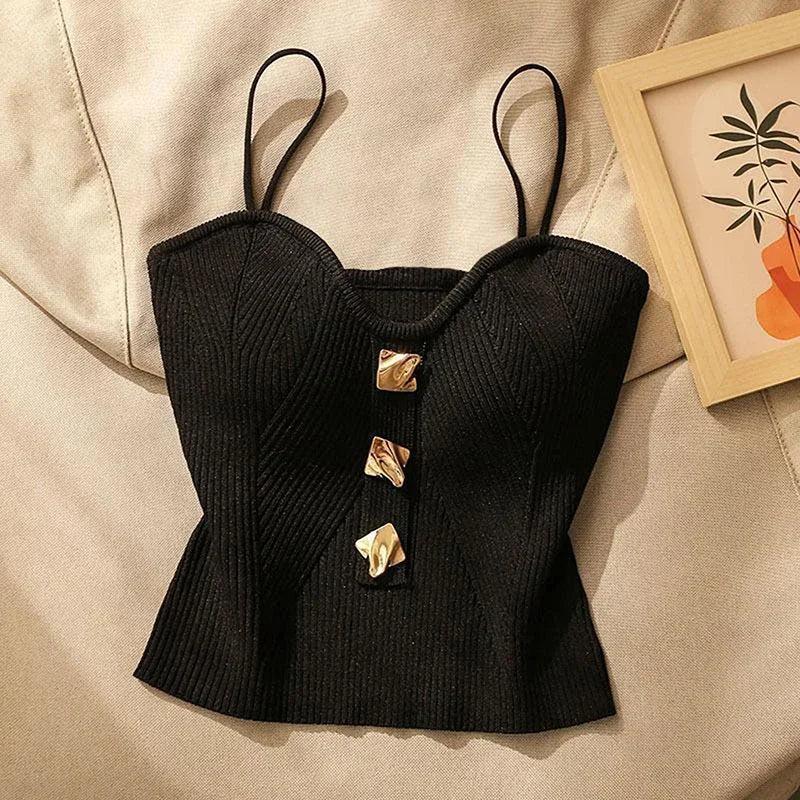Women's Ribbed Cotton Camisole with Sweetheart Neck and Gold Tone Buttons