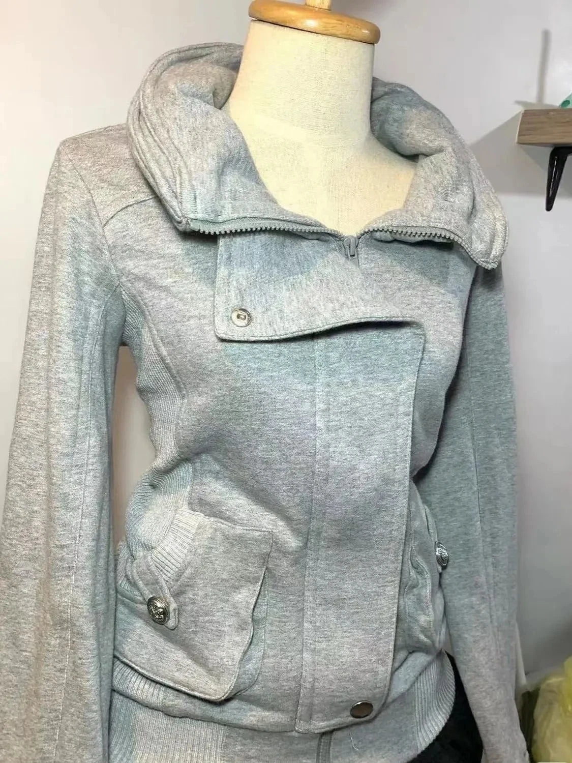 Stand Collar Asymmetric Full Zip Long Sleeve Fitted Jacket