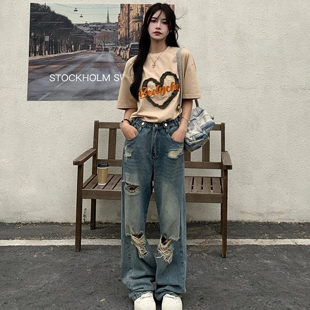 Women's Distressed Wide Leg Denim Jeans For Everyday Outfits