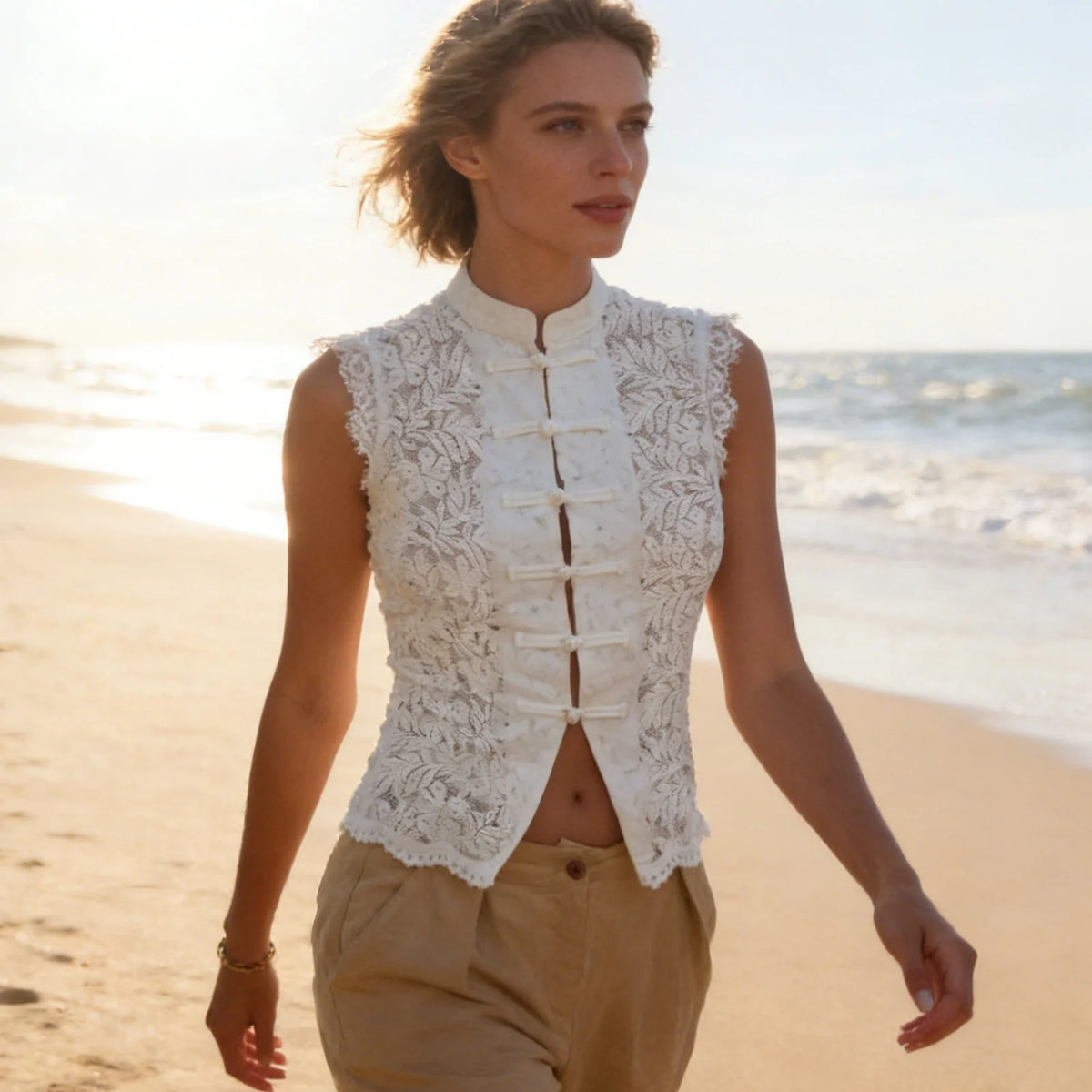 Women's Sleeveless Lace Vest with a Traditional Frog-Button Front Closure