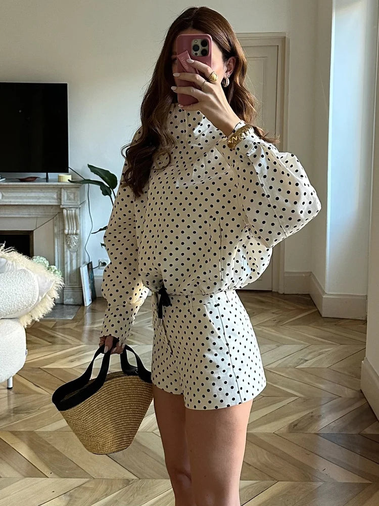 Women's Polyester Polka-Dot Long-Sleeve Zip-Front Collared Jacket with Pockets for Casual Outfits