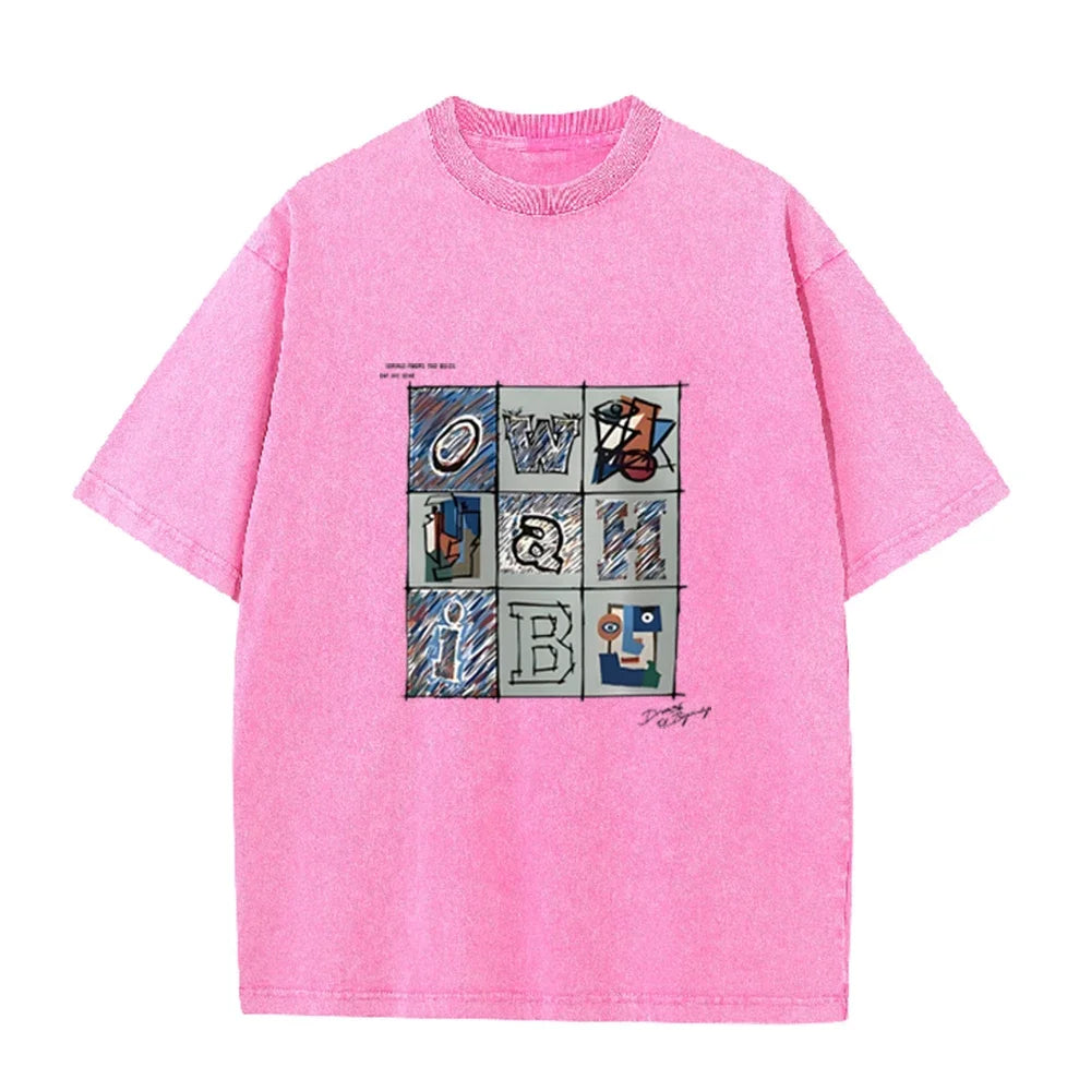 Retro Abstract Alphabet Art T Shirt Picasso Inspired Print Washed Casual Streetwear
