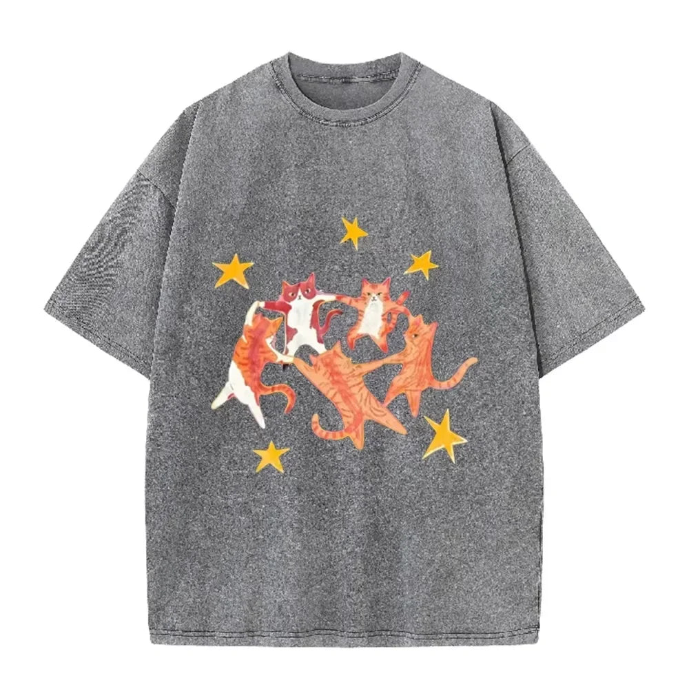 Vintage Washed Purple Dancing Orange Cats Star Print Casual Cute Animal Graphic T Shirt