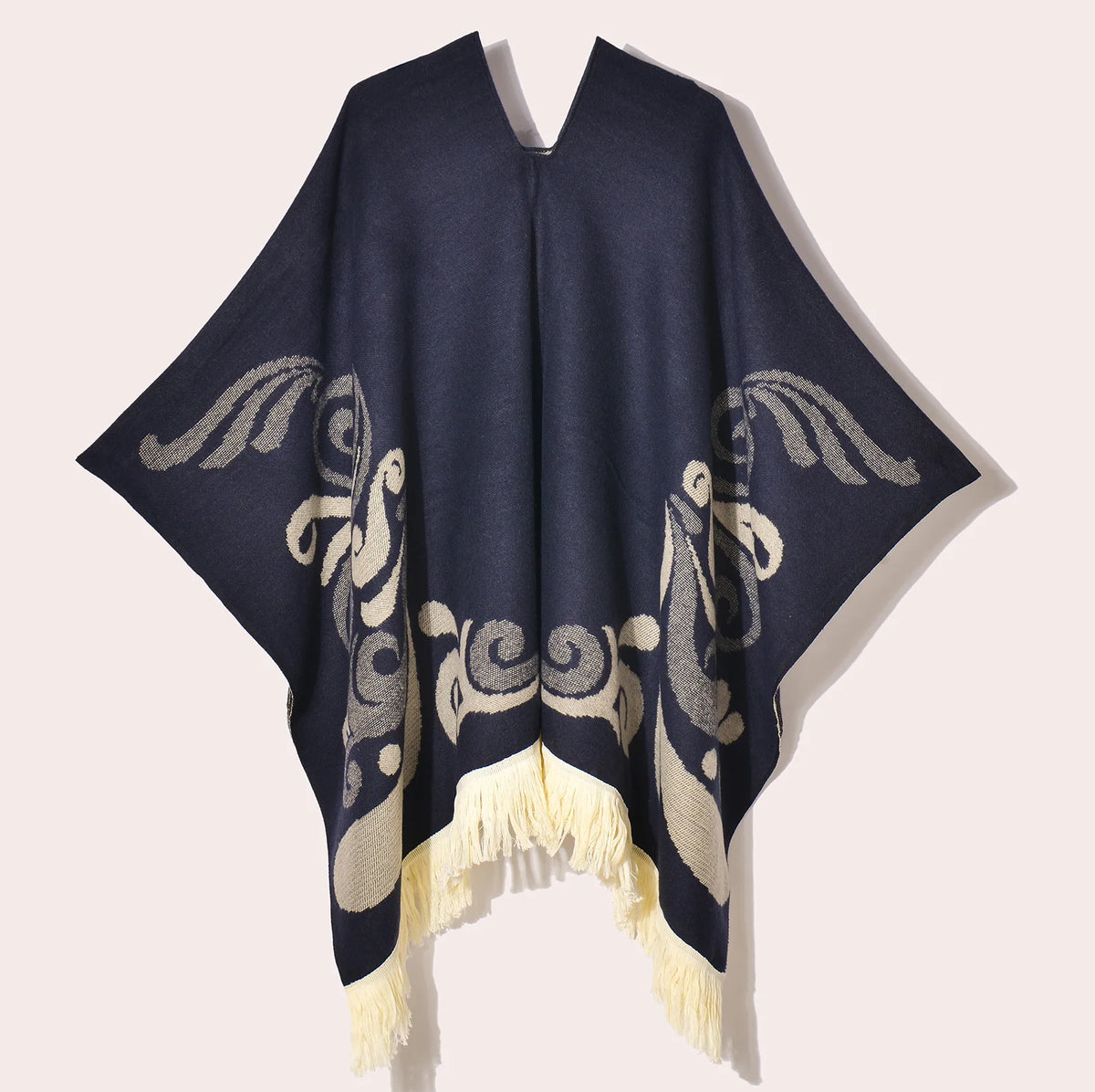Geometric Pattern Fringe Poncho for Layering over Outfits