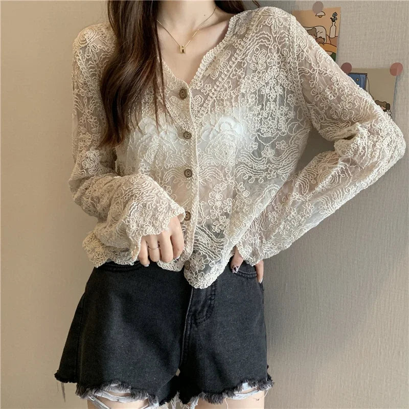 Women's Lace V Neck Long Sleeve Button Front Blouse